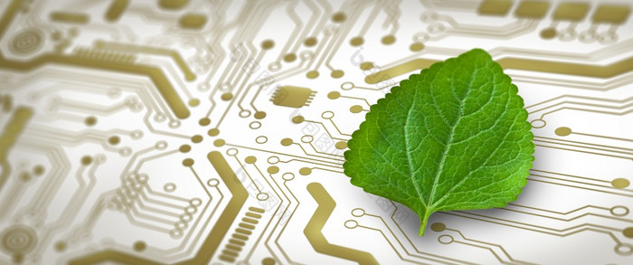 绿色叶的收敛点电脑电路董事会自然与数字收敛和技术收敛绿色计算绿色技术绿色企业社会责任和道德概念