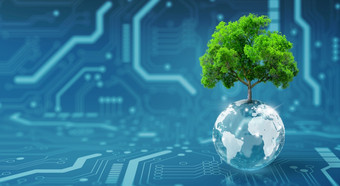 树日益增长的水晶全球数字收敛和和技术收敛蓝色的光二进制和网络背景绿色计算绿色技术绿色<strong>企业</strong>社会<strong>责任</strong>和道德概念