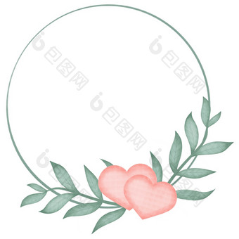 框架与多叶的嫩枝绿色植物和粉红色的心美丽的植物水彩花环模板为明信片邀请祝贺你框架与多叶的嫩枝绿色植物和粉红色的心