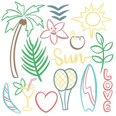 夏天涂鸦向量集手画棕榈树轮廓鸡尾酒冲浪和假期阳光明媚的夏天海滩假期概念夏天涂鸦向量集