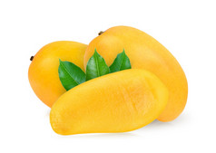 成熟的芒果与叶白色背景