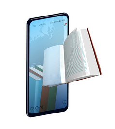 在线阅读概念智能手机与书内部的书苍蝇出的电话屏幕距离学习和教育孤立的向量白色背景