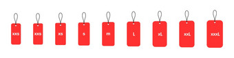 集红色的标签服装<strong>大小</strong>从小大孤立的白色背景向量插图