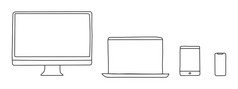 手绘电脑笔记本平板电脑和智能手机集现代设备电子小工具向量插图