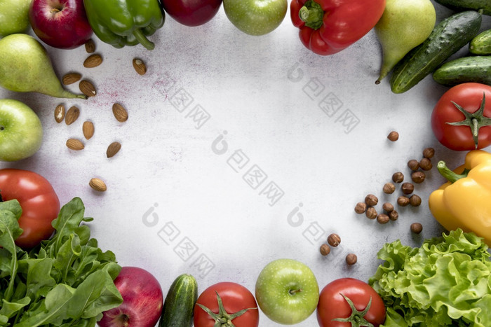 框架使与色彩斑斓的水果蔬菜干水果白色表面决议和高质量美丽的照片框架使与色彩斑斓的水果蔬菜干水果白色表面高质量美丽的照片概念