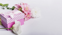 玫瑰粉红色的莉莉花与礼物盒子白色背景