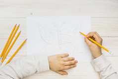 孩子手草图蝴蝶与铅笔木背景