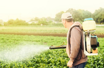 农民与雾喷雾器喷雾对待的土豆种植园从害虫和真菌感染农业和农业综合企业收获处理保护和哪使用化学物质农业