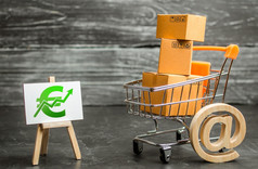 购物车与盒子象征着互联网交易和站与绿色欧元箭头购物在线销售货物和服务互联网网络贸易广告服务电子商务