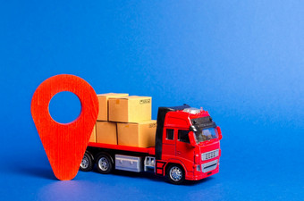 红色的卡车加载与盒子和红色的指针位置服务运输货物产品物流和基础设施运输公司位置航空公司包跟踪