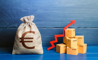 欧元钱袋与盒子和箭头好消费者情绪和需求为货物高销售生产上升日益增长的运输<strong>价格</strong>收入增加加速度和日益增长的经济