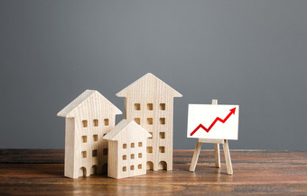 住宅建筑和画架与积极的增长趋势红色的箭头图表市场增长吸引投资提高税和房子维护真正的房地产价格增加高价值