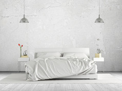 极简主义主卧室与双床上对白色混凝土墙呈现