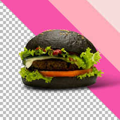 美味的和多汁的黑色的汉堡与大肉片肉透明的背景