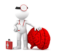 医生与大红色的大脑孤立的在白色背景