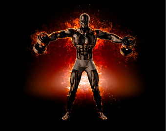 肌肉发达的健美运动员与哑铃火爆炸概念插图肌肉发达的健美运动员与哑铃火爆炸概念插图