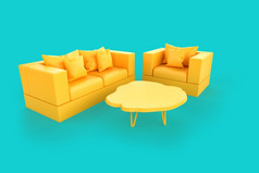 简约黄色的沙发和扶手椅在蒂尔背景插图