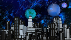 晚上未来主义的城市场景与三个行星而且星星