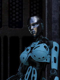 Cyborg未来主义的黑暗房间背景呈现未来主义的Cyborg黑暗房间