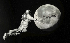 宇航员走空间与月亮背景呈现宇航员走空间与月亮背景