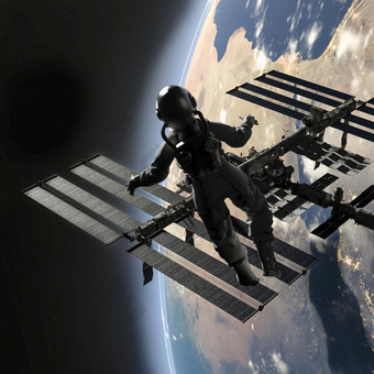宇航员走空间附近空间站与地球背景呈现宇航员走空间附近空间站与地球背景