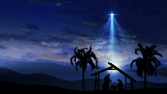 圣诞节场景与闪烁的星星和更明亮的明星伯利恒与基督诞生字符动画动物和树基督诞生圣诞节故事下布满星星的天空和移动纤细的云