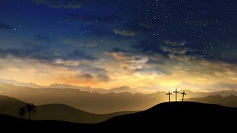 三个十字架的山与云移动的布满星星的天空复活节复活<strong>新生活</strong>救赎概念