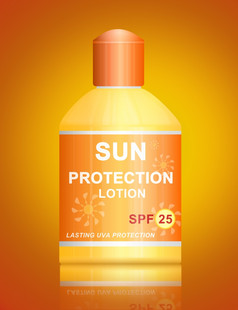 插图描绘单乌瓦防晒系数太阳保护乳液瓶安排在充满活力的金背景