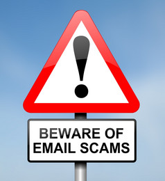 插图描绘红色的而且白色三角警告路标志与电子邮件骗局概念蓝色的模糊背景