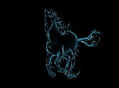 飞驰的马液体艺术作品黑色的动物数字运动使水与下降滴