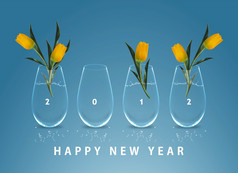 快乐新一年概念上的图像花瓶与黄色的郁金香花使一年数字