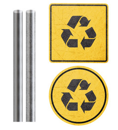 回收象征黄色的标志与金属酒吧孤立的白色与剪裁工作路径