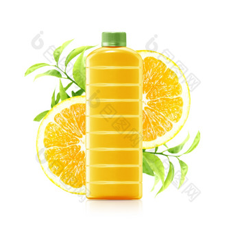 橙色汁塑料容器壶与新鲜的橙色而且叶子白色背景橙色汁