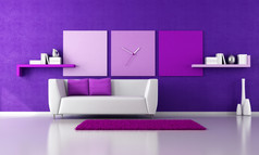 极简主义紫色的厅的与白色沙发上呈现