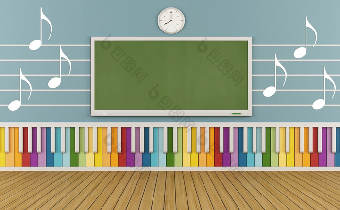 学校音乐教室学校音乐与色彩斑斓的键盘和音乐的笔记的wall-d呈现
