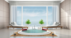 奢侈品现代浴室奢侈品现代浴室与轮浴缸一种轻马车休息室和大窗户呈现