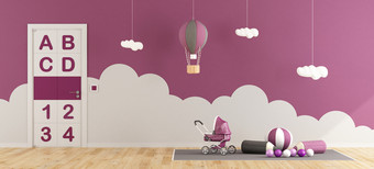 <strong>紫色</strong>的游戏室为婴儿女孩<strong>紫色</strong>的游戏室为婴儿女孩与玩具carpe热空气<strong>气球</strong>和关闭通过呈现
