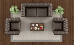 前视图经典生活房间前视图经典生活房间与布朗索法扶手椅和咖啡表格地毯呈现