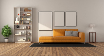 现代生活房间与橙色沙发书柜和空白图片框架白色墙呈现现代生活房间与沙发和书柜