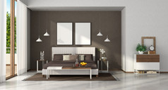 现代主卧室与优雅的双弯曲板凳上和胸部抽屉呈现白色和棕色（的）现代主卧室