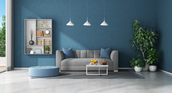 极 简生活房间与沙发和书柜蓝色的墙呈现蓝色的生活房间与沙发和书柜