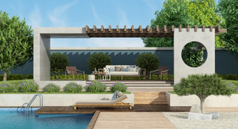 奢侈品花园与混凝土露台户外家具和在游泳池边一种轻马车休息室呈现现代花园与混凝土露台和游泳池