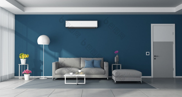 现代蓝色的生活房间与灰色的家具关闭通过和空气护发素墙呈现现代蓝色的生活房间与灰色的家具和空气护发素