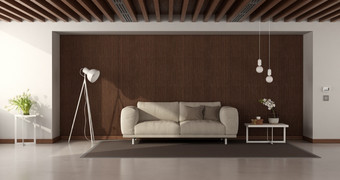 生活房间与白色墙<strong>现代沙发</strong>对木镶板和屋顶梁呈现现代生活房间与<strong>现代沙发</strong>对木镶板