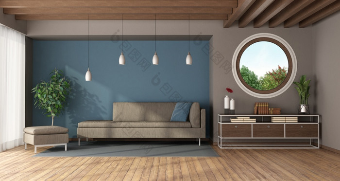 蓝色的和现代现代生活房间与轮窗口沙发脚凳和餐具柜呈现蓝色的和现代现代生活房间与轮窗口