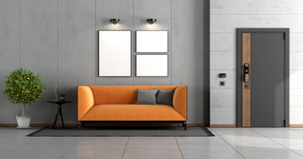 首页入口与前面通过和橙色<strong>现代沙发</strong>对混凝土墙renderig首页入口与前面通过和橙色<strong>现代沙发</strong>