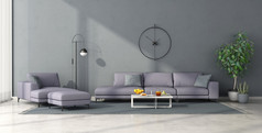 极简主义生活房间与淡紫色沙发和一种轻马车休息室清晰的蓝色的墙呈现极简主义生活房间与淡紫色家具