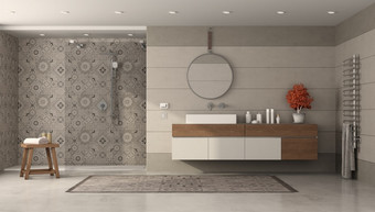 现代浴室与水槽和淋浴与复古的瓷砖呈现现代浴室与淋浴和脸盆