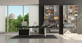 黑色的和白色现代办公室与桌面和书柜呈现黑色的和白色现代办公室
