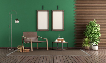 时尚皮革扶手椅绿色生活房间与空白图片框架和木面板呈现时尚皮革扶手椅绿色生活房间